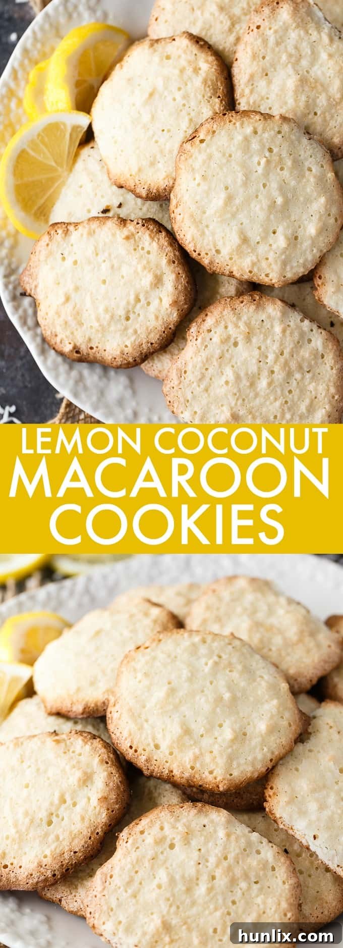 Sunshine Lemon Coconut Macaroons 10 Long collage featuring multiple images of Lemon Coconut Macaroon Cookies.