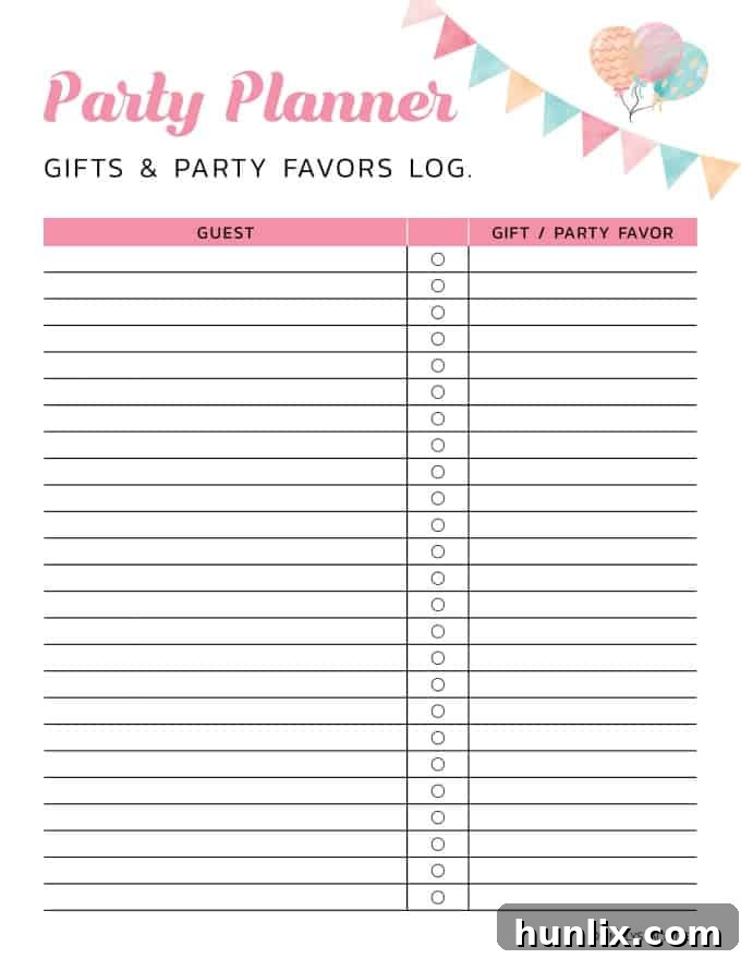 Gifts and Party Favors Log Printable for Thank You Notes and Distribution