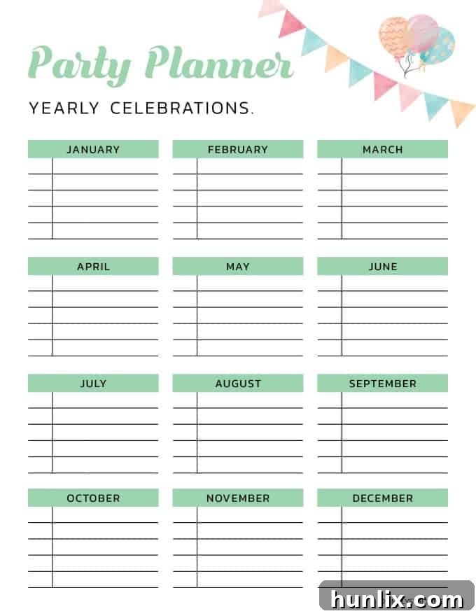 Yearly Event Planner Printable for Party Organization