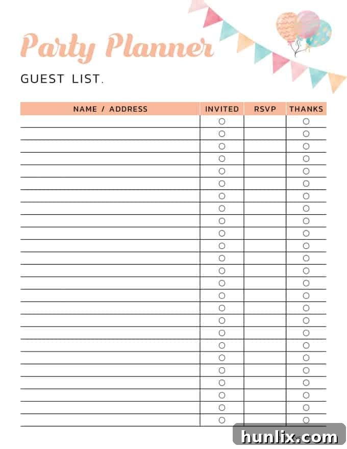 Printable Guest List Tracker with RSVP and Thank You Note Columns