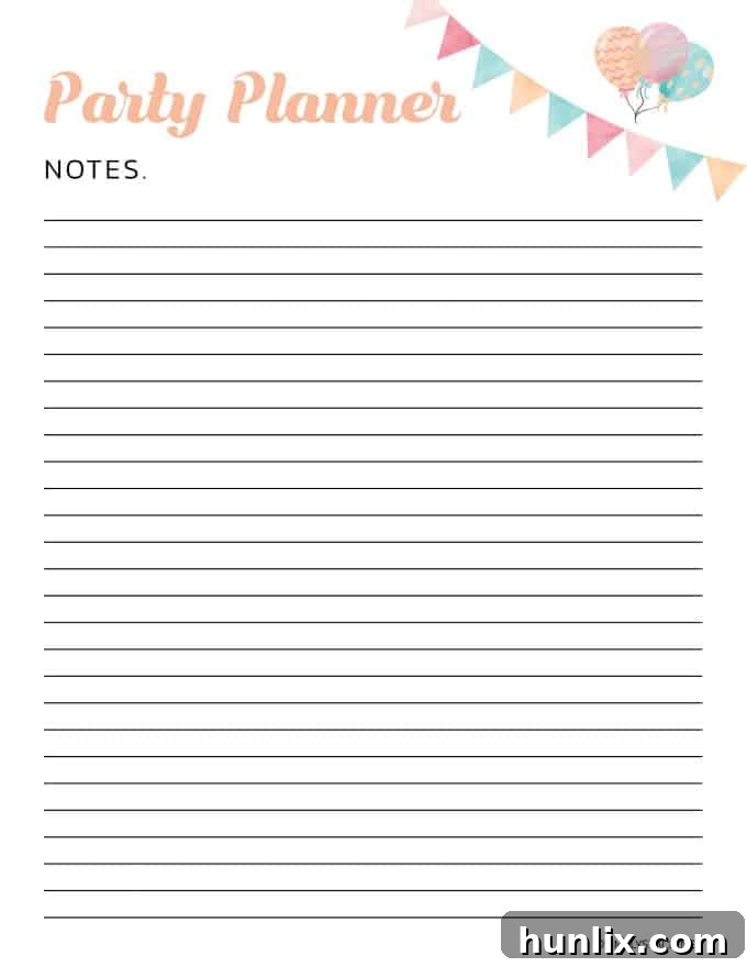 Party Planning Notes Printable for Ideas and Special Considerations