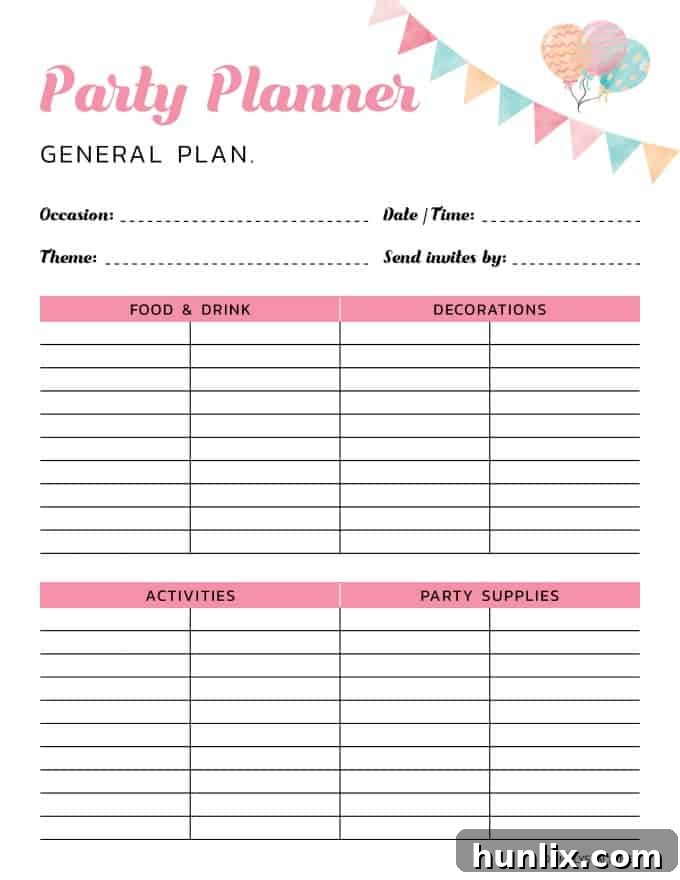 General Party Plan Template for Theme, Date, Food, and Decorations