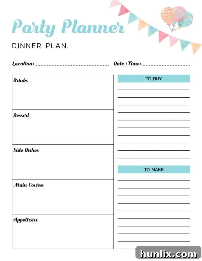 Dinner Plan Printable for Organized Party Menu and Courses