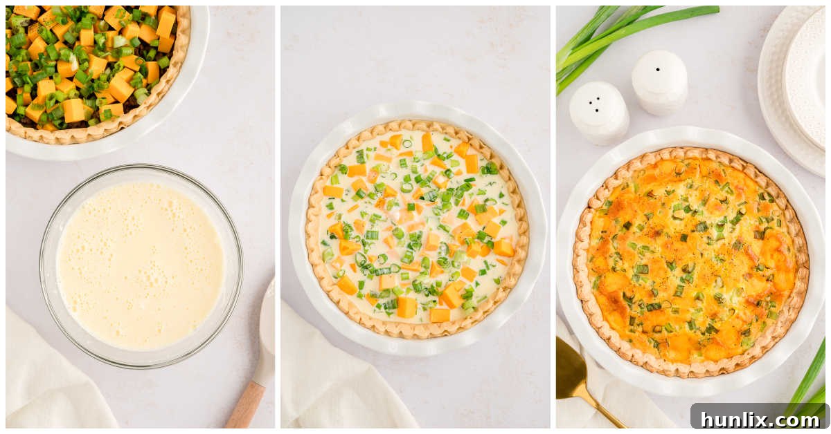 The egg and mayonnaise mixture being poured over the quiche fillings in the pie shell.