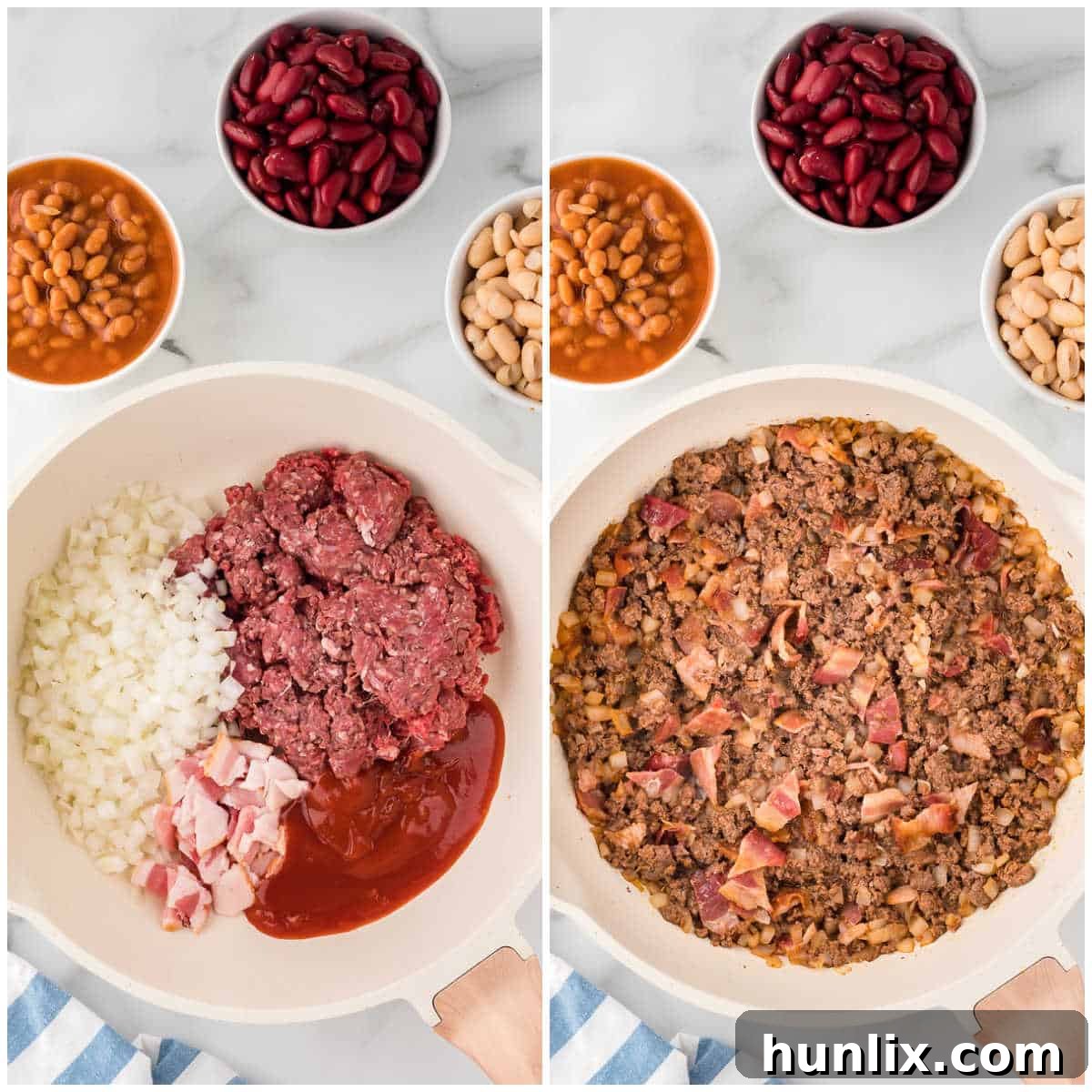 A collage showing the process of cooking ground beef, bacon, and onions in a pan.