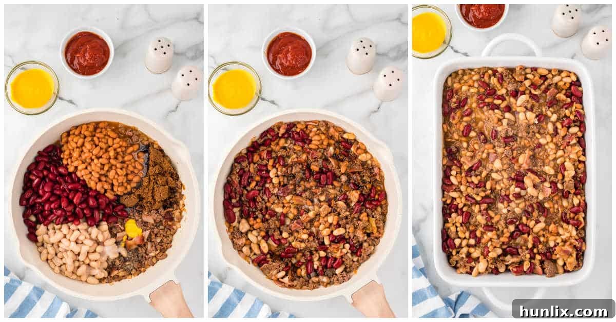 A collage showing ingredients being mixed in a bowl and then transferred to a casserole dish.