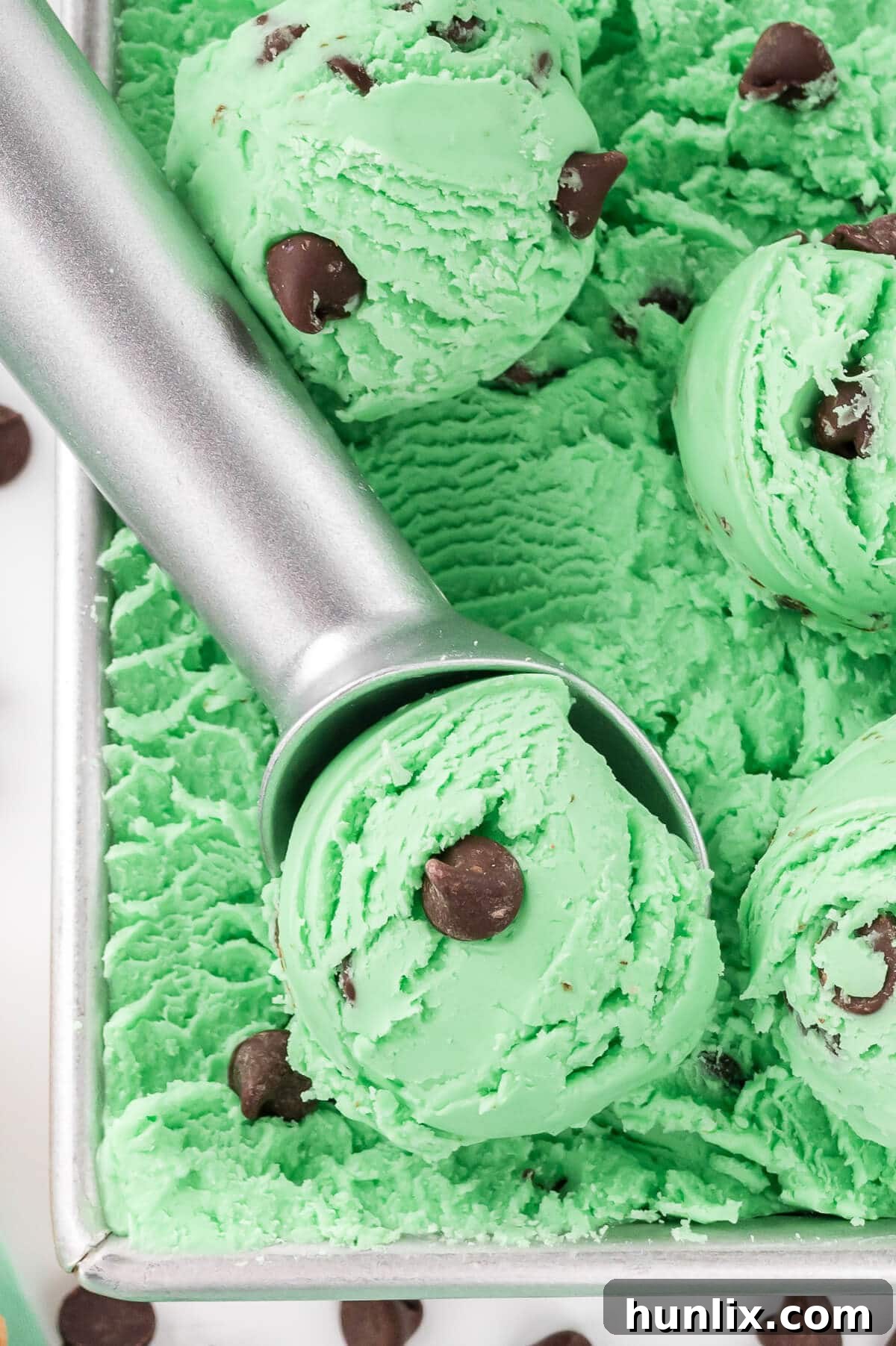 A large container of homemade mint chocolate chip ice cream, with an ice cream scoop resting inside, ready to serve.