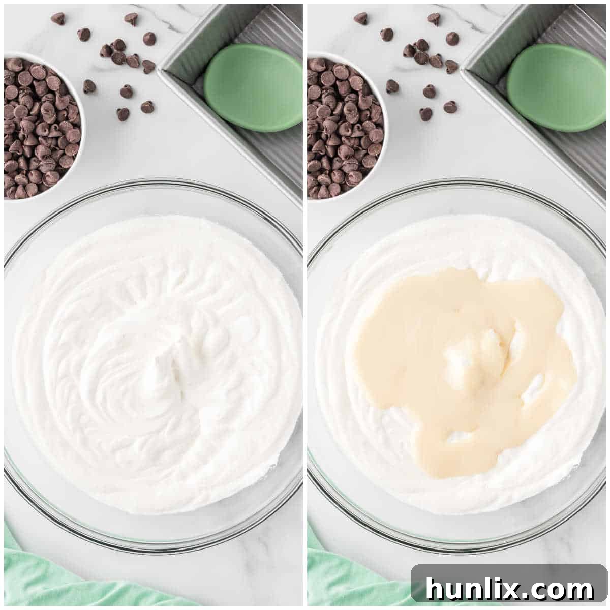 A collage showing the initial steps of mixing whipping cream and sweetened condensed milk in a bowl.