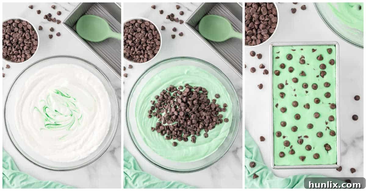 A collage showing the final steps of mixing in green food coloring and chocolate chips, then pouring the mixture into a freezer-safe pan.