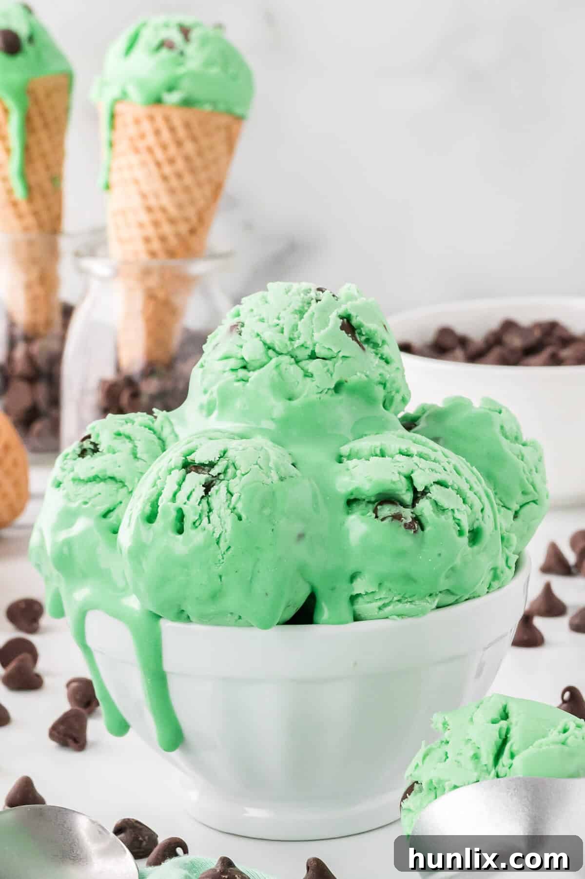 A white bowl filled with green mint chocolate chip ice cream, garnished with a sprig of fresh mint.