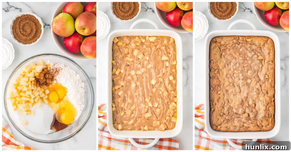 A photographic collage showcasing the step-by-step process of mixing the ingredients for the apple cake, from combining wet and dry ingredients to folding in the chopped apples.