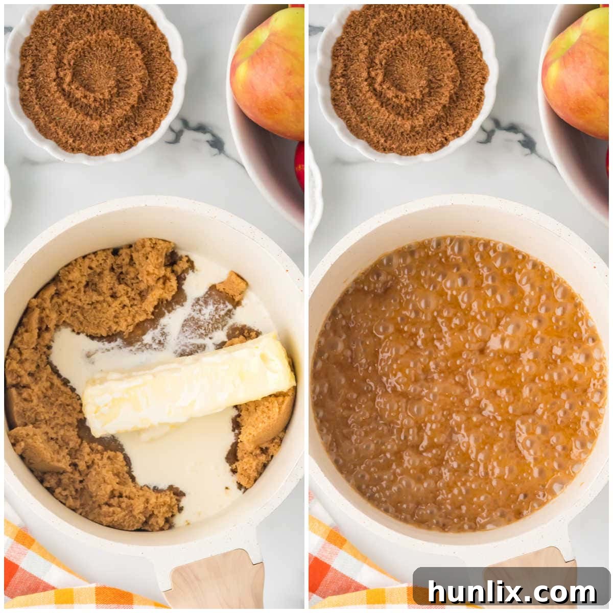 A photographic collage illustrating the preparation of the butterscotch sauce, from melting butter and brown sugar to stirring in heavy cream for a smooth consistency.