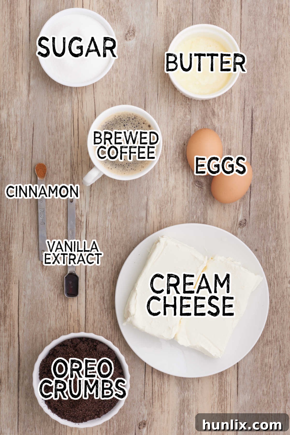 Ingredients for making Cappuccino Cheesecake laid out on a table.
