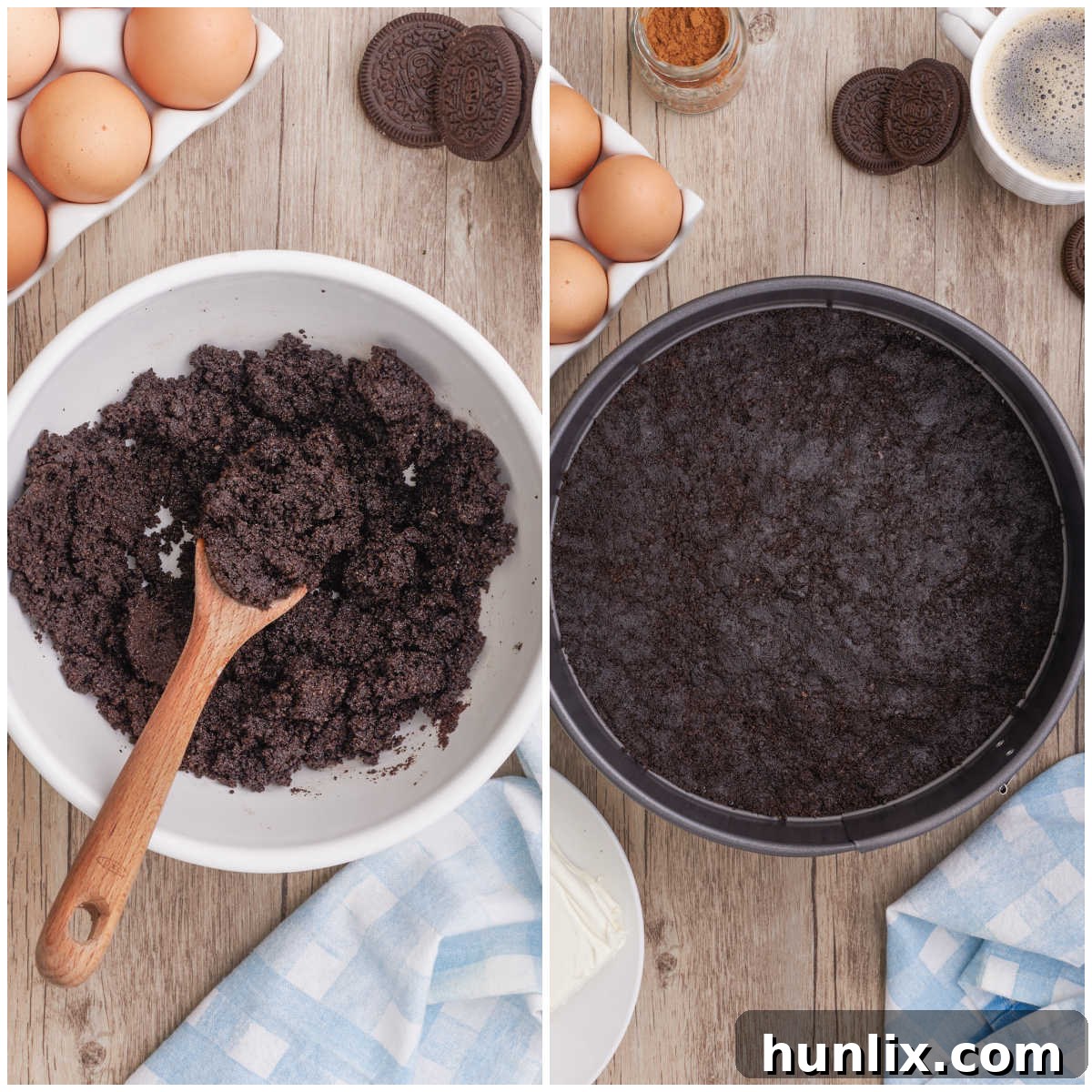 Steps to make cappuccino cheesecake, showing the Oreo crumb crust being pressed into a springform pan.
