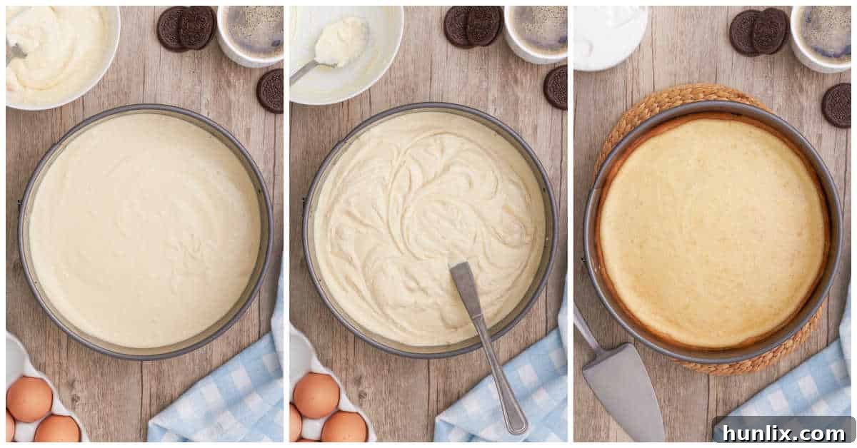 Steps to make cappuccino cheesecake, showing the swirled batter ready for baking.