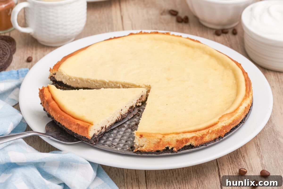 A whole cappuccino cheesecake with one slice removed on a spatula, ready to be served.