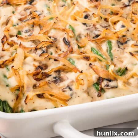 Homestyle Green Bean Bake 11 The finished green bean casserole in a white baking pan, ready to serve.