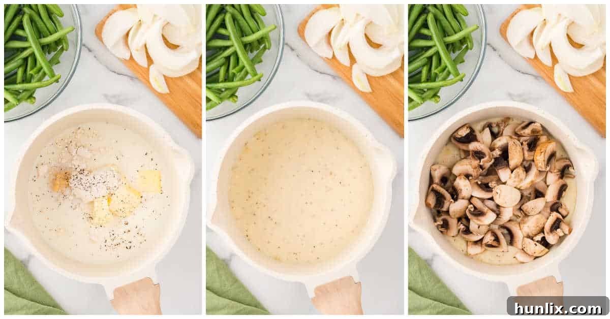 Homestyle Green Bean Bake 4 A two-part collage showing the process of making the creamy mushroom sauce for green bean casserole in a saucepan.