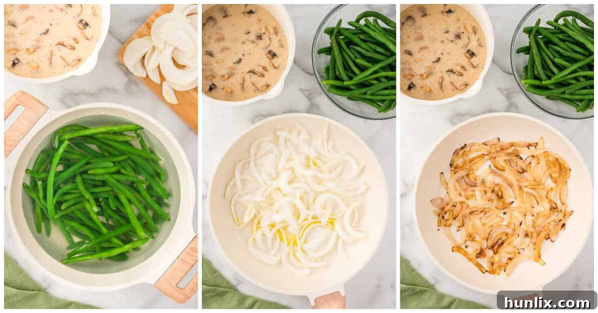 Homestyle Green Bean Bake 5 A two-part collage showing fresh green beans being blanched in boiling water and sliced onions caramelizing in a skillet.