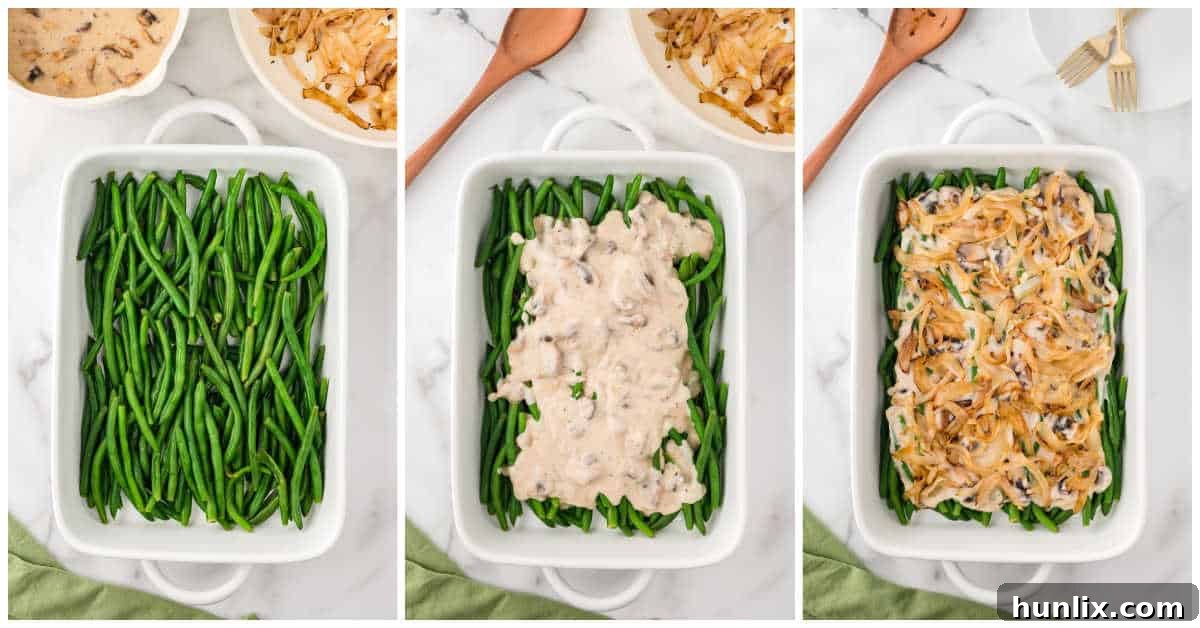 Homestyle Green Bean Bake 6 A three-part collage showing the assembly of green bean casserole: spreading beans, pouring sauce, and adding caramelized onions to a baking dish.