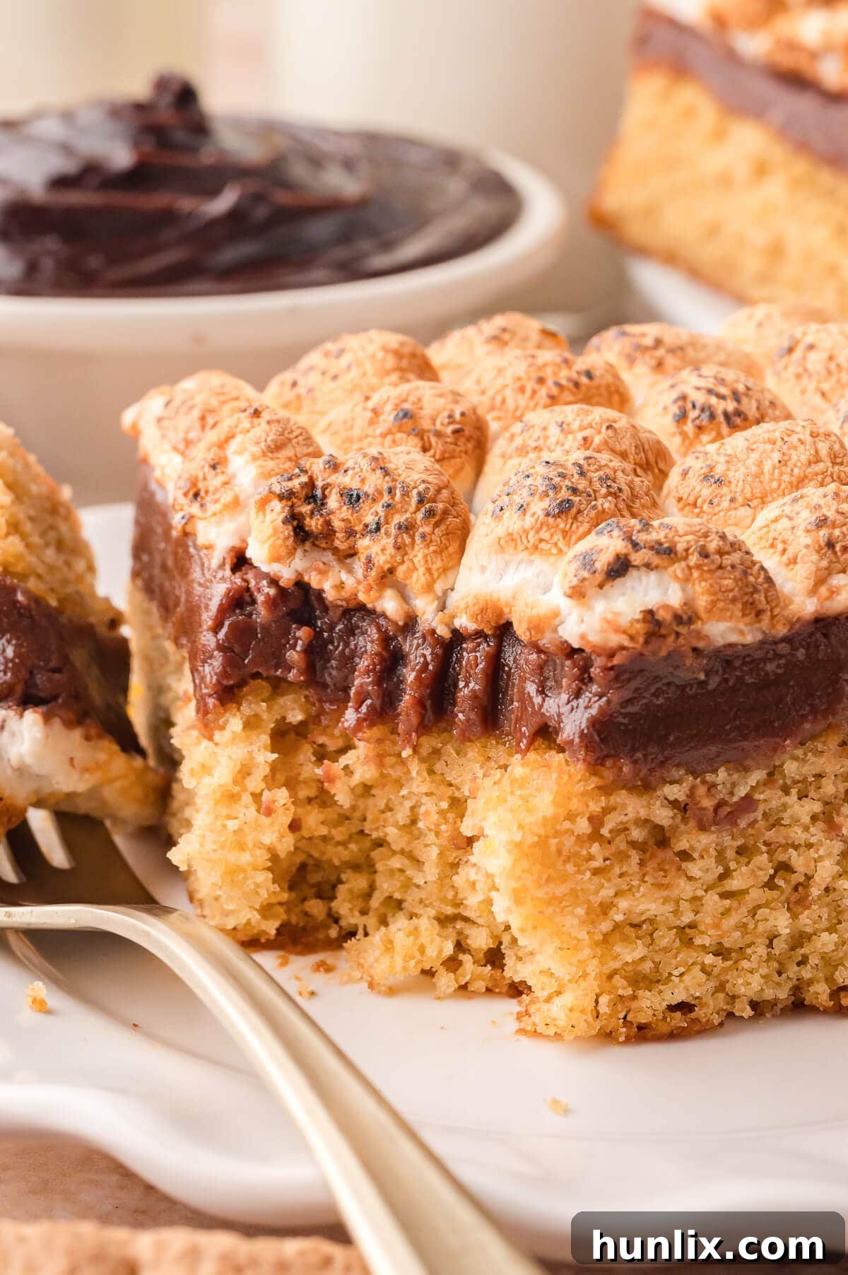 A piece of S'mores Cake with a bite taken out, showing the gooey interior.