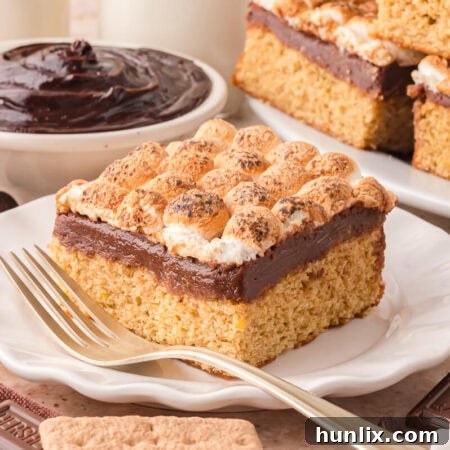 A piece of the S'mores Cake on a plate with a fork.