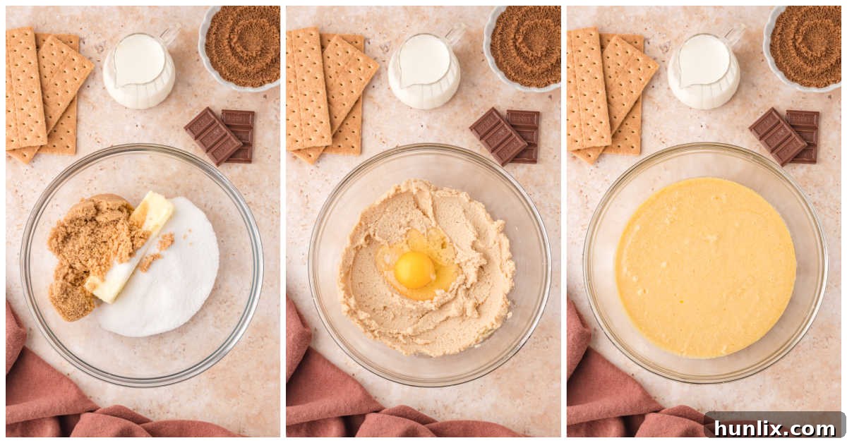 Collage showing butter, sugars, and eggs being mixed in a bowl for the S'mores Cake batter.