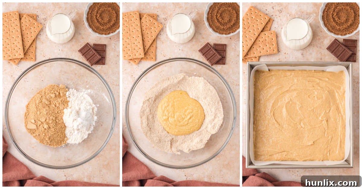 Collage showing dry ingredients mixed and batter being poured into a baking pan for S'mores Cake.