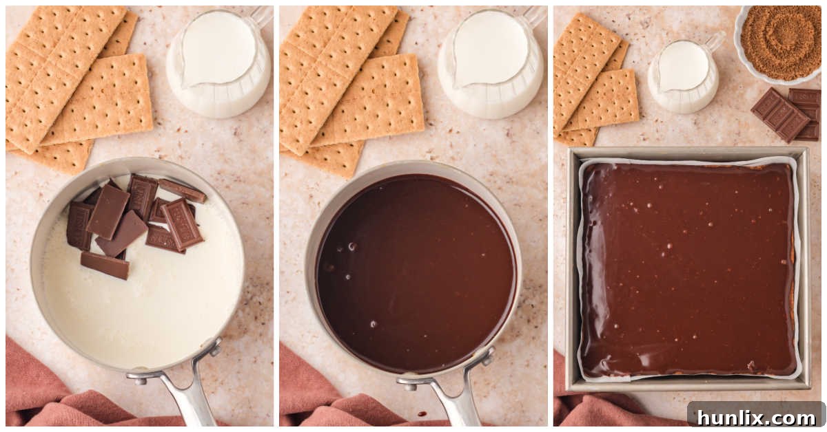 Collage showing chocolate ganache being made in a pot and poured over the S'mores Cake.