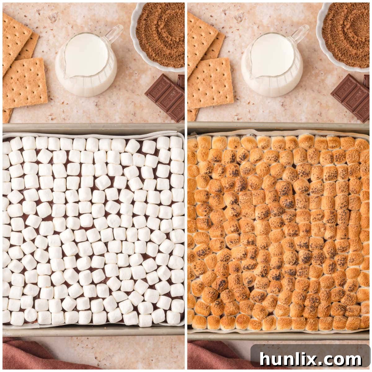 Collage showing marshmallows topping the S'mores Cake and being toasted under the broiler.