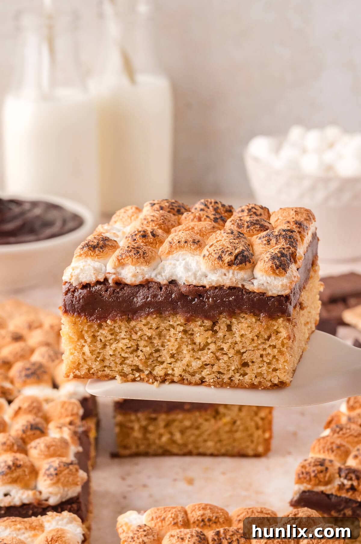 A perfectly sliced piece of S'mores Cake on a serving spatula, ready to be enjoyed.