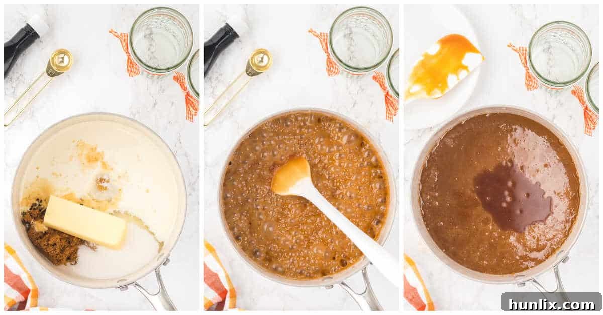 A collage demonstrating the cooking process of butterscotch sauce in a saucepan, from initial mixing to simmering.