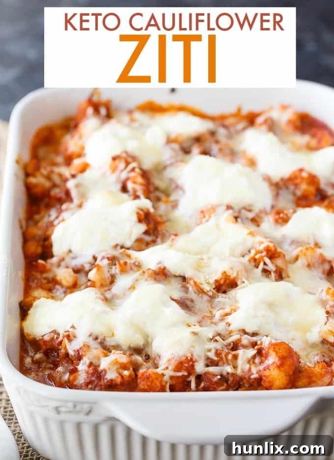 Keto Cauliflower Ziti - Enjoy all the flavours of a hearty Italian meal without the carbs! This keto casserole is meaty and cheesy.