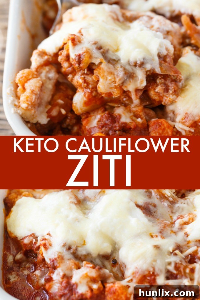 Keto Cauliflower Ziti - Enjoy all the flavours of a hearty Italian meal without the carbs! This keto casserole is meaty and cheesy.
