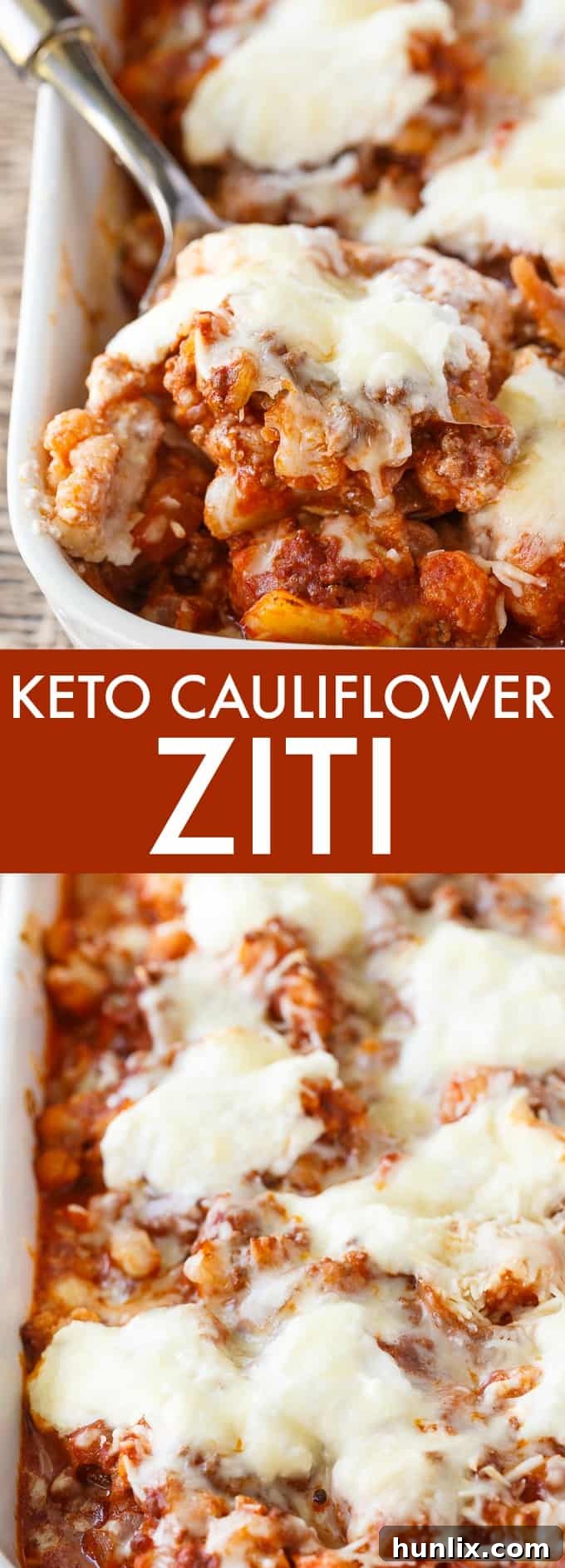 Keto Cauliflower Ziti - Enjoy all the flavours of a hearty Italian meal without the carbs! This keto casserole is meaty and cheesy.