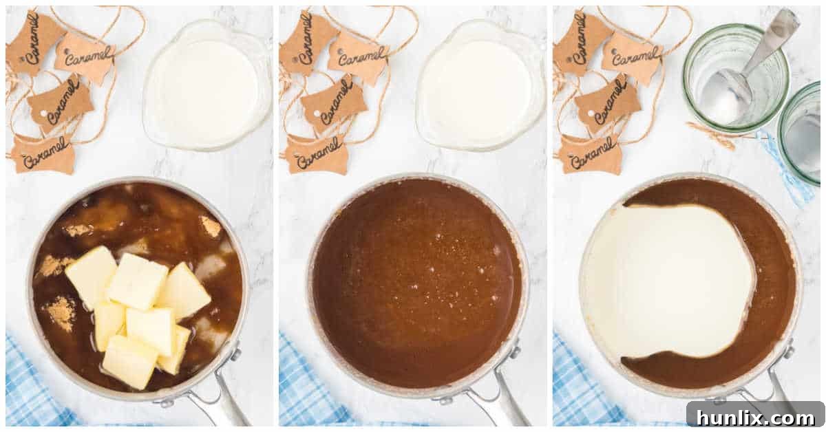 Collage of the caramel sauce making process in a saucepan, showing the ingredients melting, bubbling, and mixing with cream.