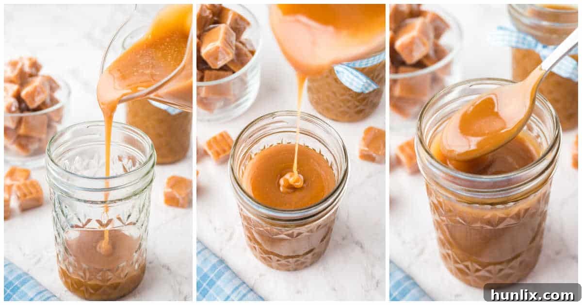 Collage showing the finished caramel sauce being poured into a mason jar for storage, highlighting its beautiful amber color.