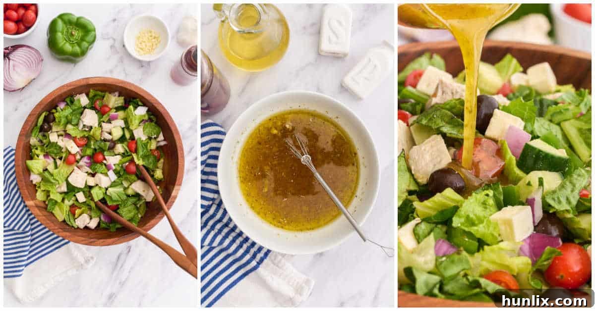 Collage showing the process of adding ingredients to a bowl and whisking the Greek vinaigrette separately.