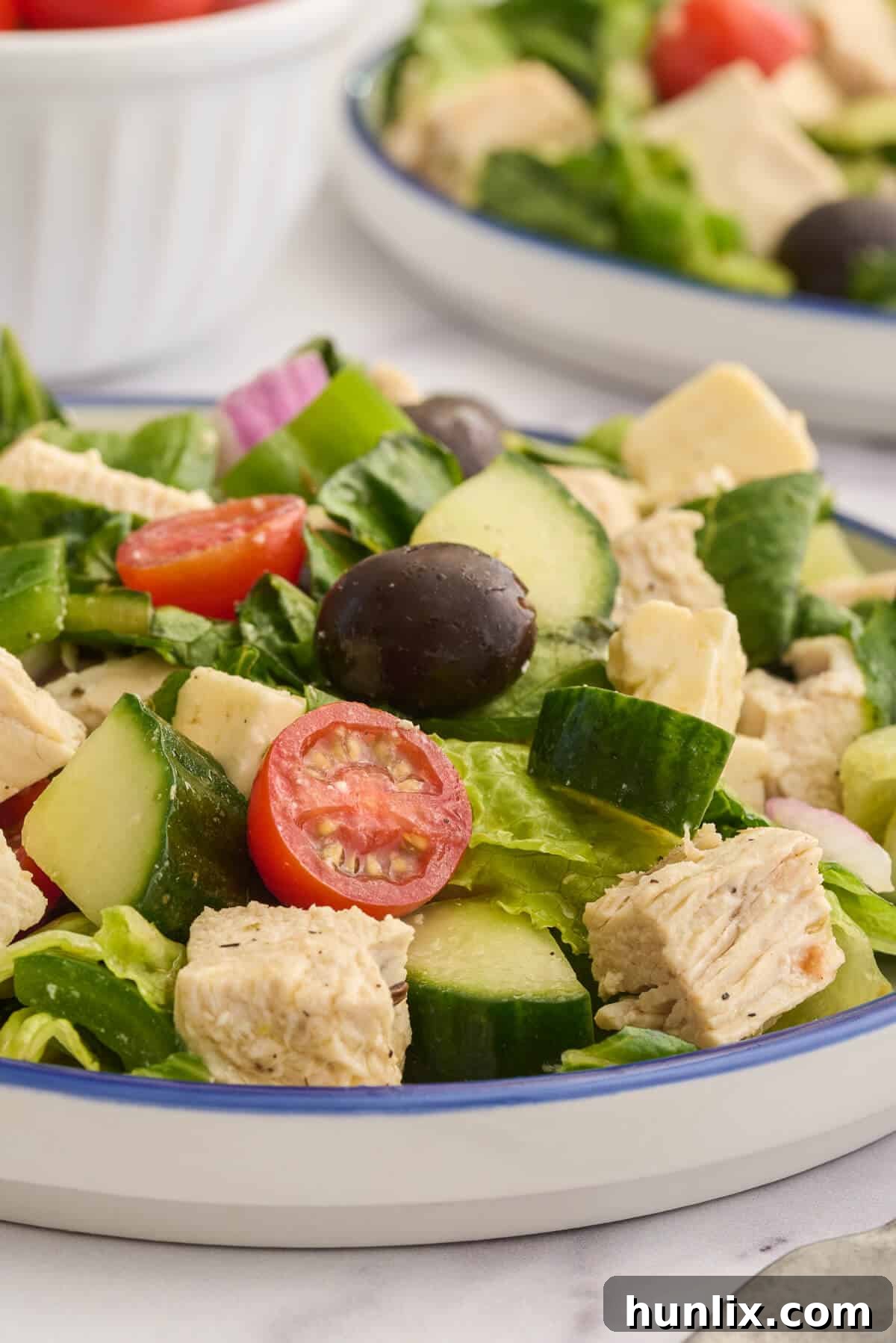 Close-up shot of the Greek Chicken Salad on a plate, highlighting its vibrant textures and colors.