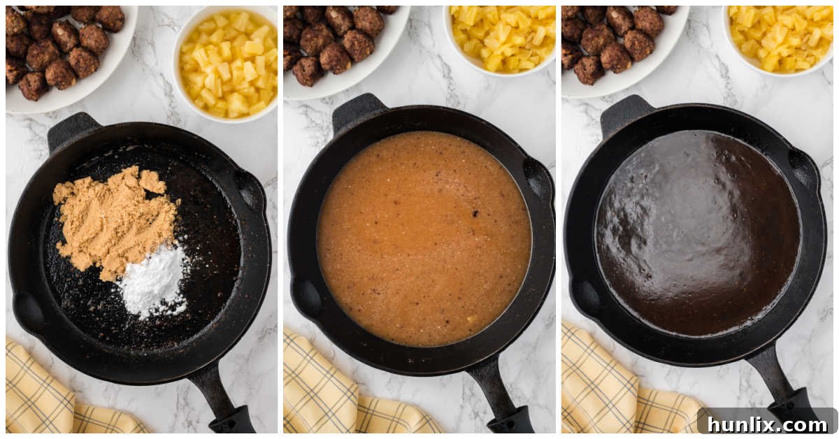 A person stirring cornstarch and brown sugar in a skillet, preparing the sweet and sour pineapple sauce.