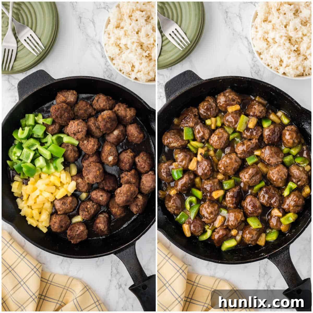 Waikiki meatballs, pineapple tidbits, and chopped green pepper simmering together in a skillet with the sweet and sour sauce.