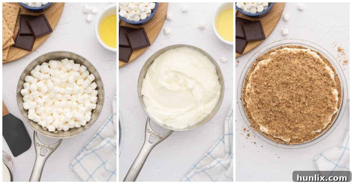 A visual collage illustrating the key steps of making marshmallow pie: melting marshmallows in a saucepan, mixing ingredients in a bowl, and the finished pie filling being smoothed into the crust.