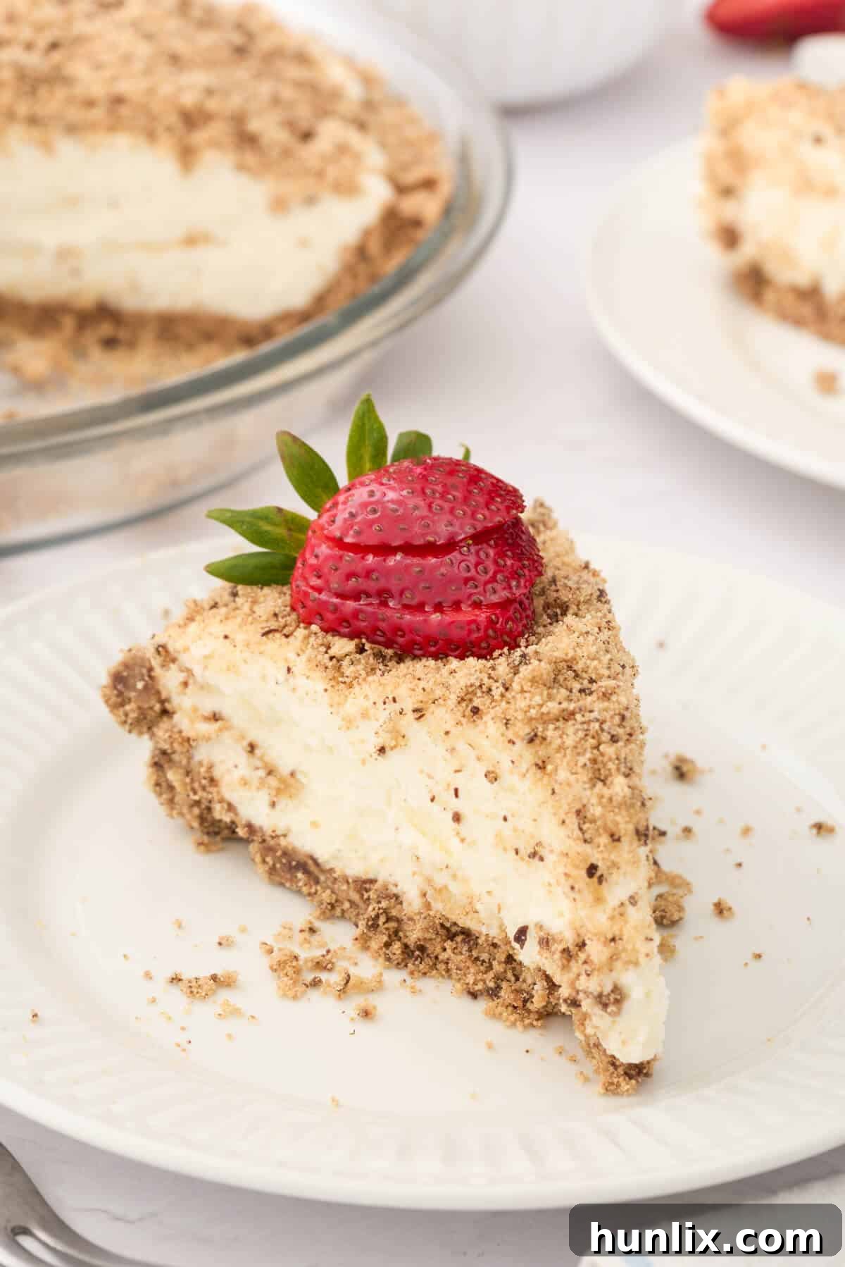 A perfectly sliced piece of Marshmallow Pie rests elegantly on a dessert plate, showcasing its soft, airy filling and robust graham cracker crust, inviting a taste.