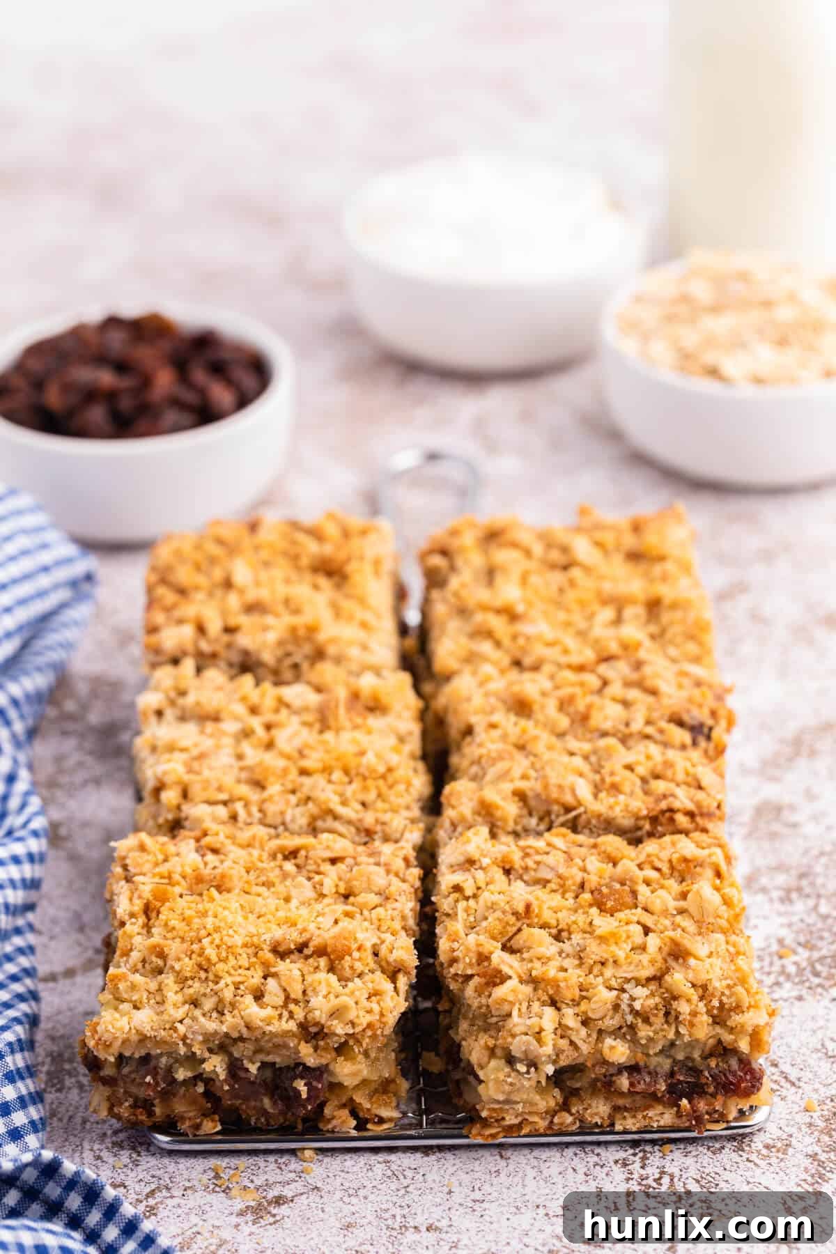Sweet and Tangy Raisin Bars 3 Sour cream raisin bars cut into squares on a wire rack.