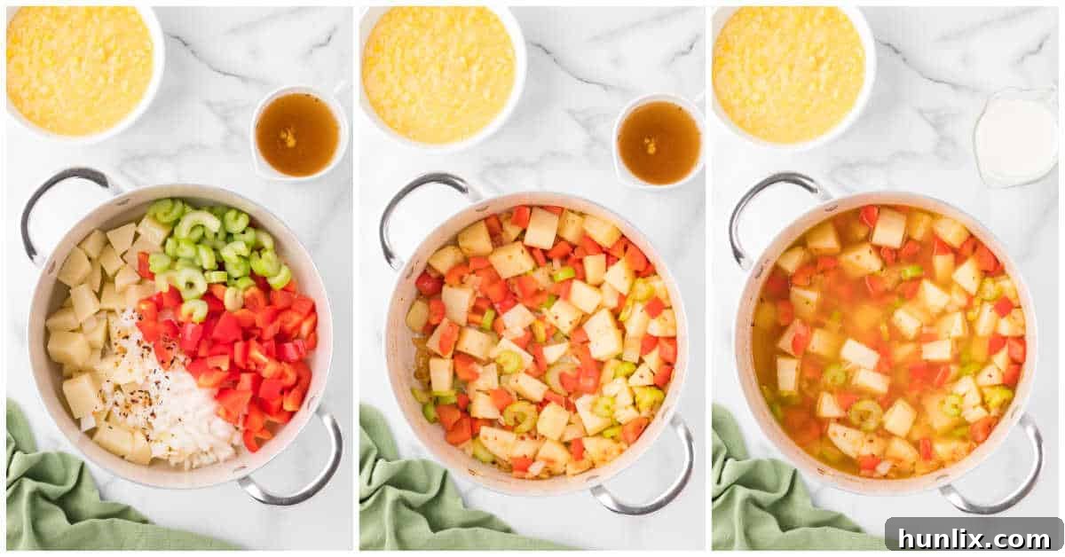 Sunshine Corn Chowder 4 A close-up of colorful vegetables simmering in a pot of broth, illustrating the initial cooking phase of the corn chowder, as they soften and infuse their flavors.