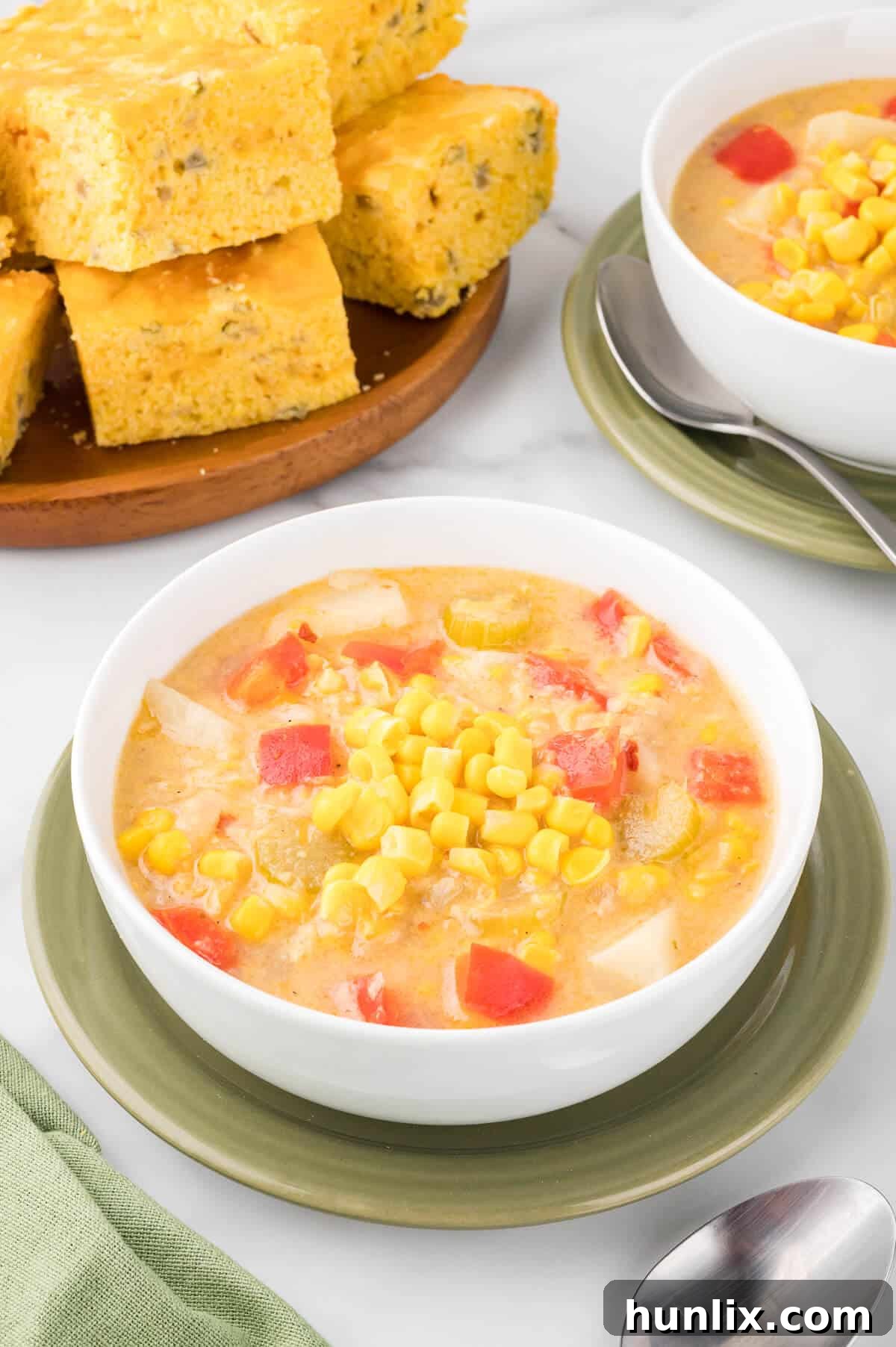 Sunshine Corn Chowder 8 A rustic bowl of creamy corn chowder, garnished with fresh herbs and a swirl of cream, ready to be enjoyed as a comforting meal.