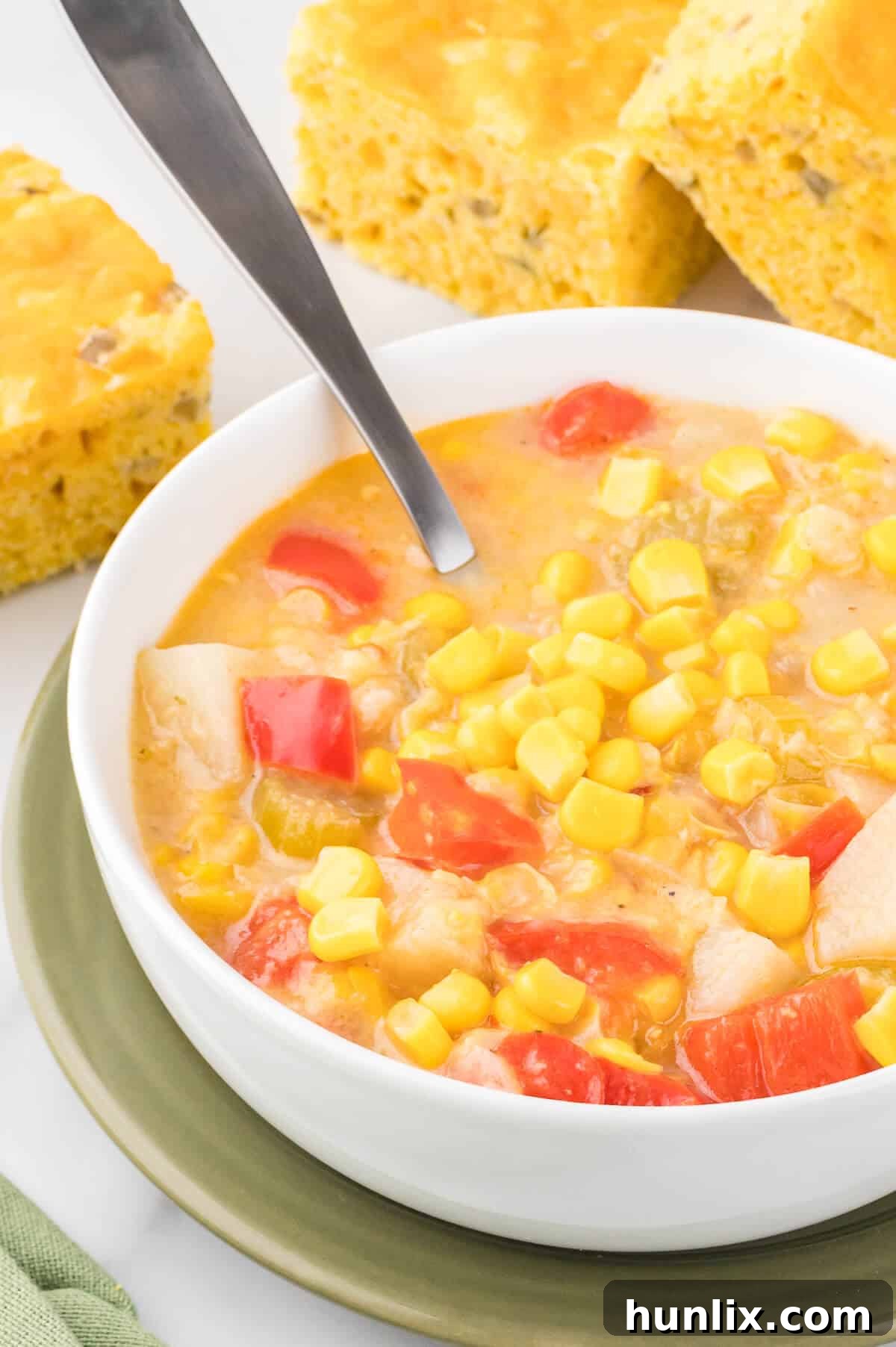 Sunshine Corn Chowder 9 A serving of creamy corn chowder in a rustic bowl with a spoon, garnished with fresh herbs, ready for a comforting meal.