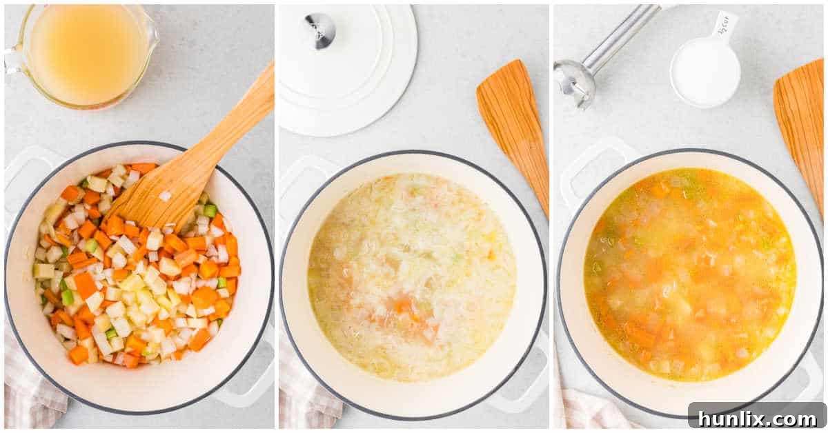 Vegetables sautéing in a pot, the first step in making cream of carrot soup.