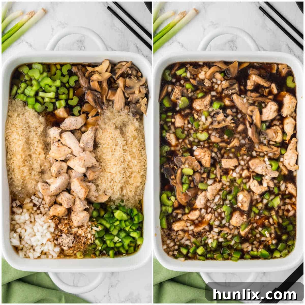 A 9x13 inch casserole dish filled with uncooked ingredients for chicken fried rice, including rice, chopped vegetables, and chicken, ready to be covered and baked.