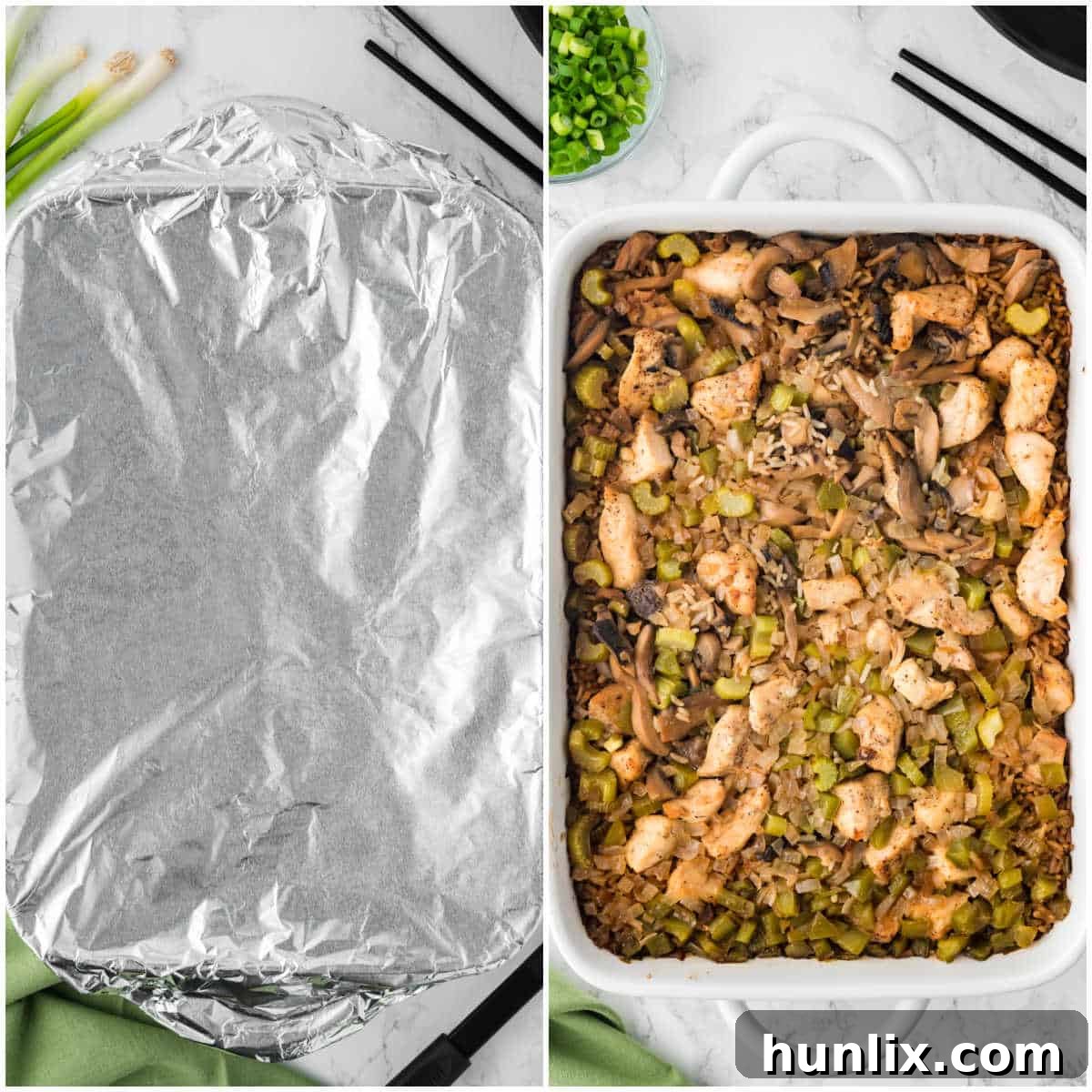 A casserole dish, now covered with aluminum foil, containing the mixed ingredients for chicken fried rice, placed on an oven rack.